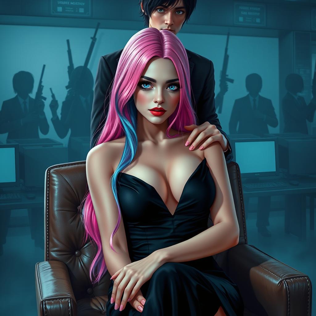 A stylish and modern scene featuring a woman with long pink and blue hair, bright blue eyes, and smooth fair skin, wearing an elegant black dress, seated on a conventional leather chair
