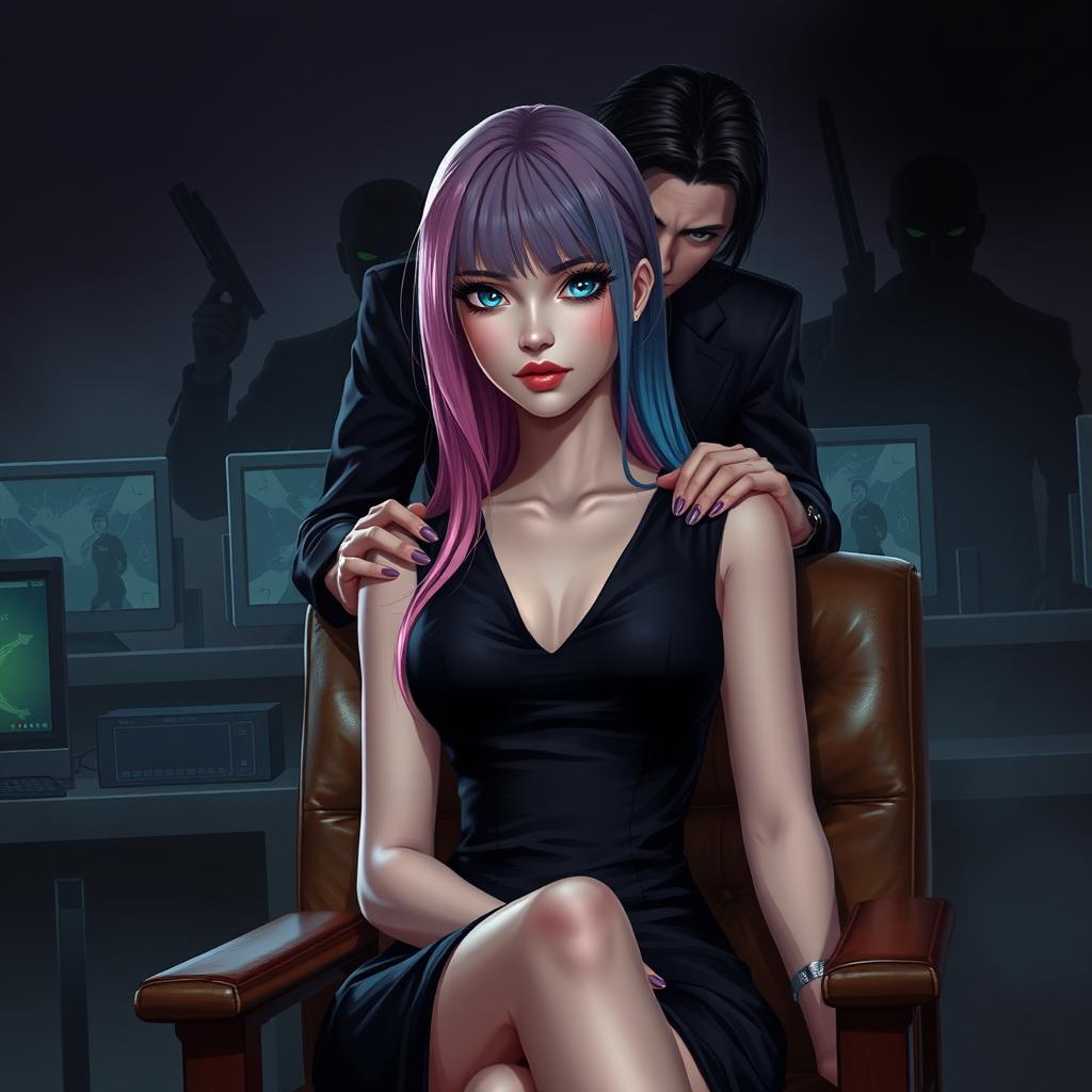 A realistic and dark-themed scene depicting a woman with long pink and blue hair, bright blue eyes, and smooth fair skin, adorned in an elegant modern black dress, seated on a conventional leather chair