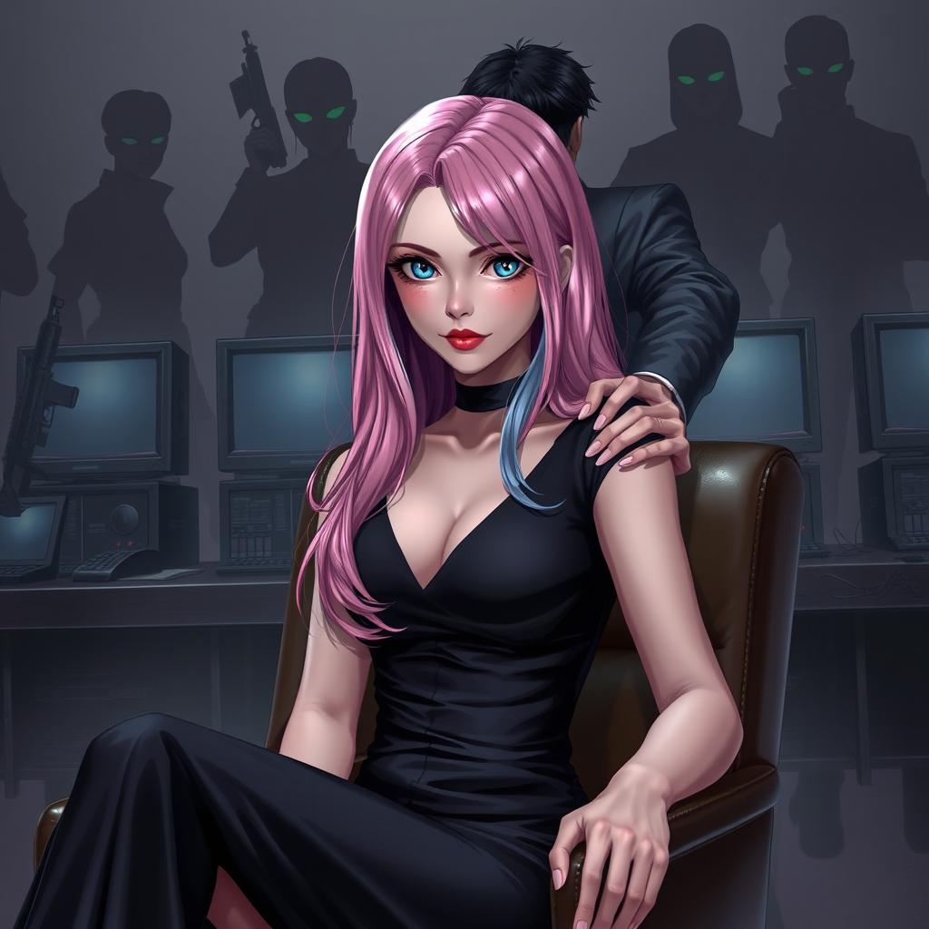 A realistic and dark-themed artwork depicting a woman with long pink and blue hair, bright blue eyes, and smooth fair skin, dressed in an elegant modern black dress, seated on a conventional leather chair