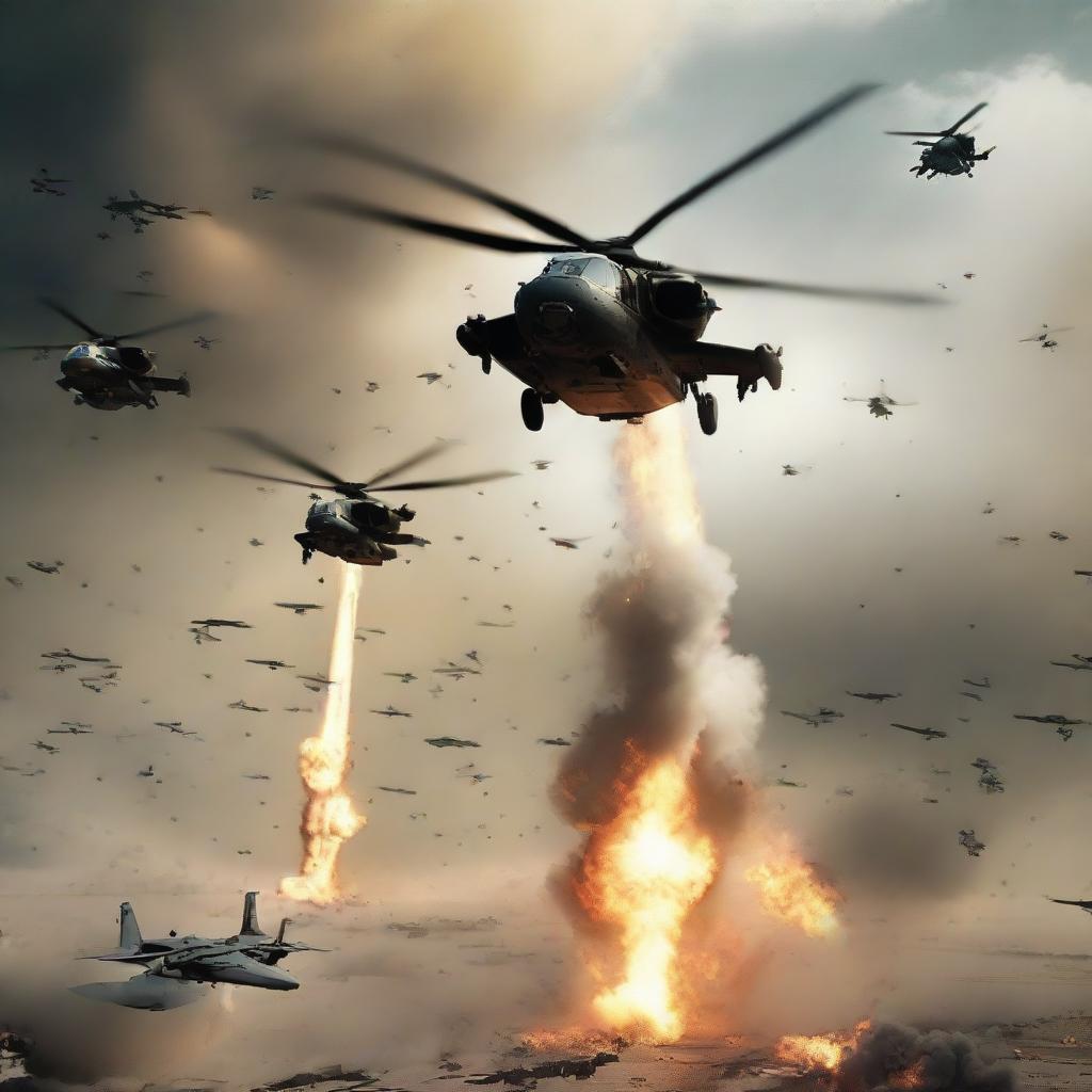 Hyper-realistic image of a squadron of fighter jets and helicopters raining down bombs and hellfire on alien forces, providing intense aerial support.