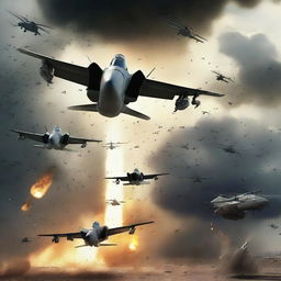 Hyper-realistic image of a squadron of fighter jets and helicopters raining down bombs and hellfire on alien forces, providing intense aerial support.