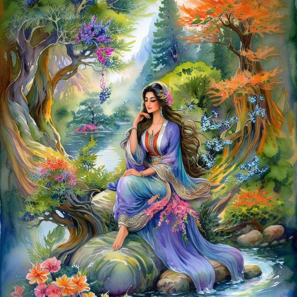 Mystical and spiritual watercolor painting of a beautiful Iranian woman sitting on a rock on a beautiful and peaceful pond in a dense forest with cypress trees, plane trees, grapevines, winding bonsai trees, and a whirlwind of colorful flowers and beautiful.