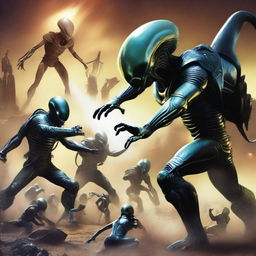 Dramatic scene of otherworldly aliens engaging in combat against human defenders.