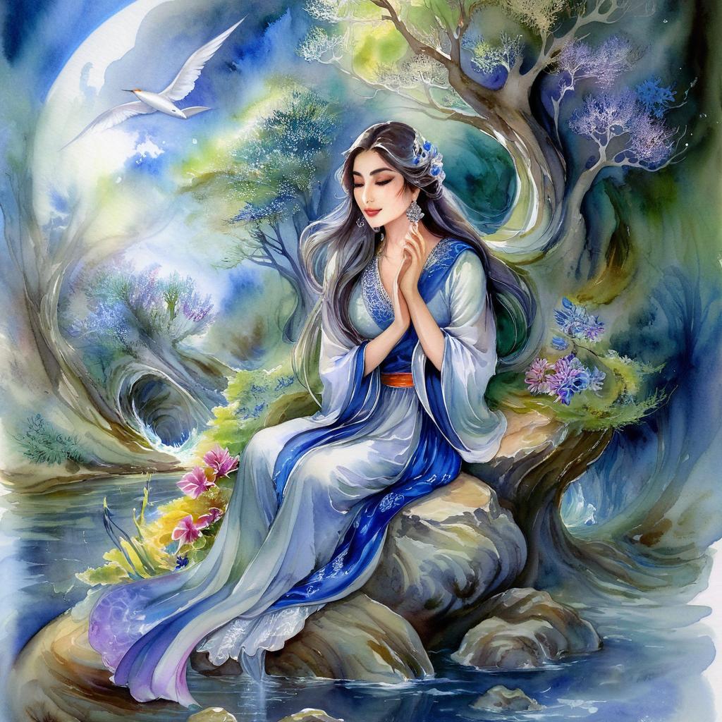 Mystical and spiritual watercolor painting of a beautiful Iranian woman sitting on a rock on a beautiful and peaceful pond in a dense forest with cypress trees, plane trees, grapevines, winding bonsai trees, and a whirlwind of colorful flowers and beautiful.