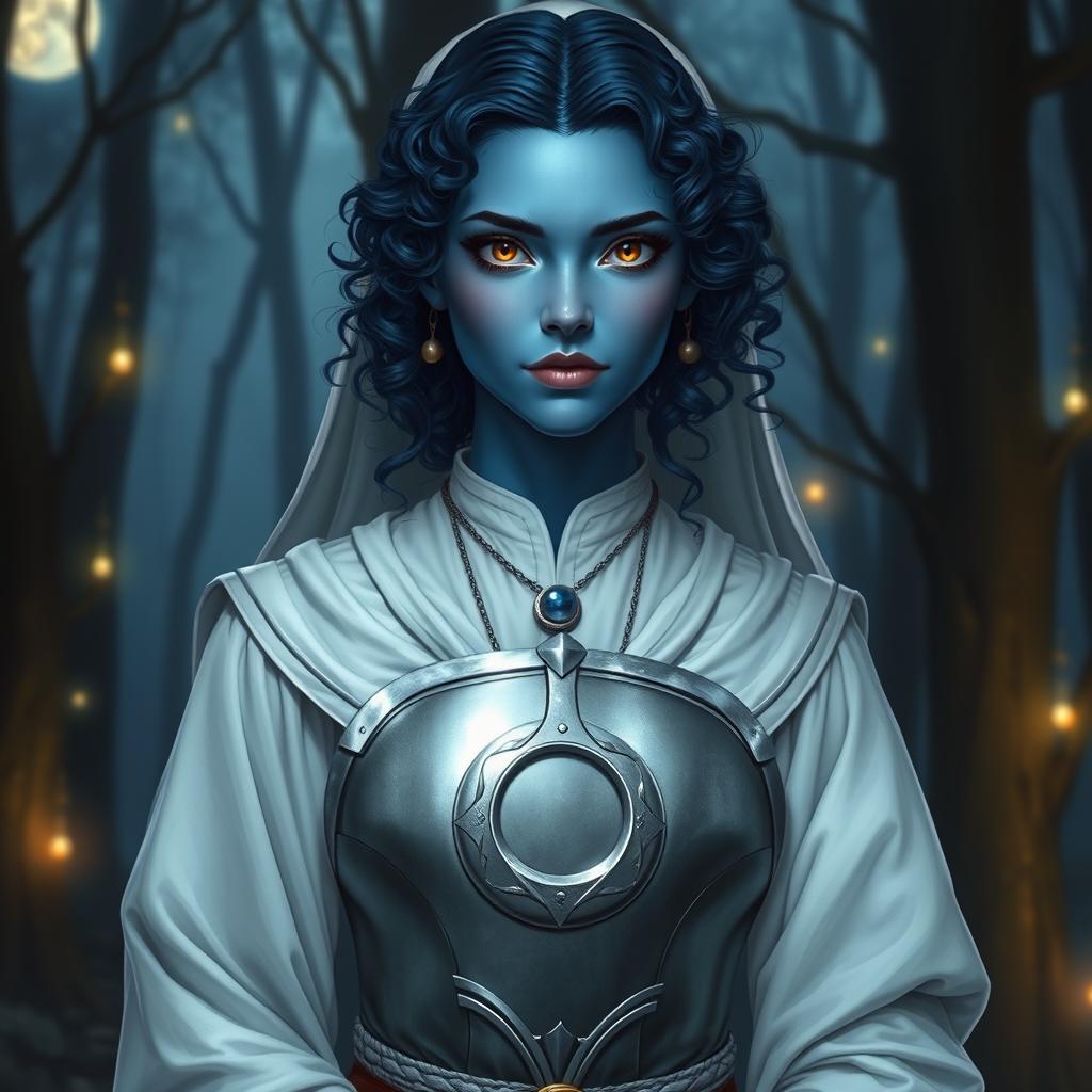 A high elf female moon cleric with striking blue skin and dark blue curly hair, her warm brown eyes shining brightly