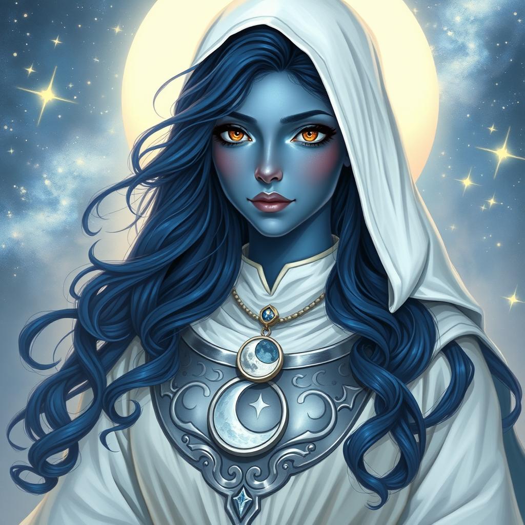 A high elf female moon cleric with striking blue skin and cascading long dark blue wavy hair