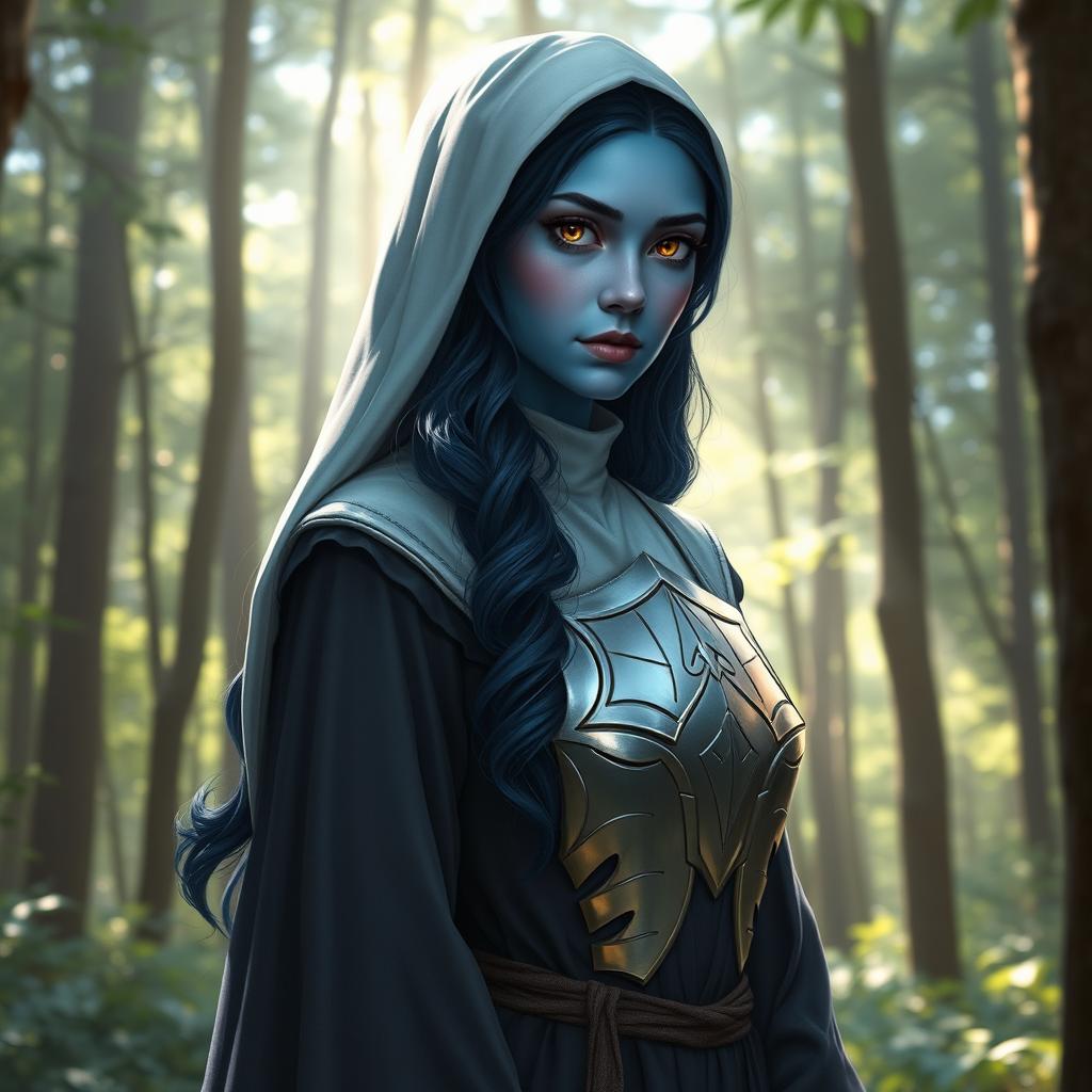A high elf female moon cleric with stunning blue skin, long dark blue wavy hair cascading down her shoulders, and deep brown eyes