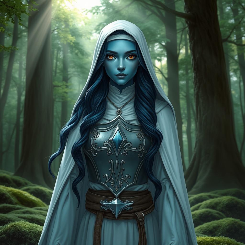 A high elf female moon cleric with striking blue skin and long, loose dark blue wavy hair, accentuated by her deep brown eyes