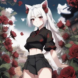 Create a Japanese manga image in the style of jujutsu kaisen, featuring a girl with long white hair, cat ears and tail, red eyes, wearing a black crop top and micro skirt, standing in a garden blooming with dark red roses. Incorporate soft shading and lights.