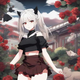 Create a Japanese manga image in the style of jujutsu kaisen, featuring a girl with long white hair, cat ears and tail, red eyes, wearing a black crop top and micro skirt, standing in a garden blooming with dark red roses. Incorporate soft shading and lights.