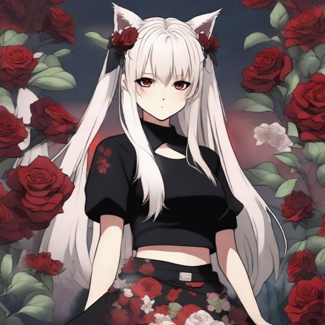 Create a Japanese manga image in the style of jujutsu kaisen, featuring a girl with long white hair, cat ears and tail, red eyes, wearing a black crop top and micro skirt, standing in a garden blooming with dark red roses. Incorporate soft shading and lights.