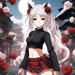 Create a Japanese manga image in the style of jujutsu kaisen, featuring a girl with long white hair, cat ears and tail, red eyes, wearing a black crop top and micro skirt, standing in a garden blooming with dark red roses. Incorporate soft shading and lights.