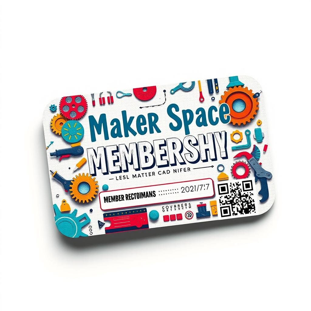 A beautifully designed maker space membership card featuring vibrant colors and an artistic layout