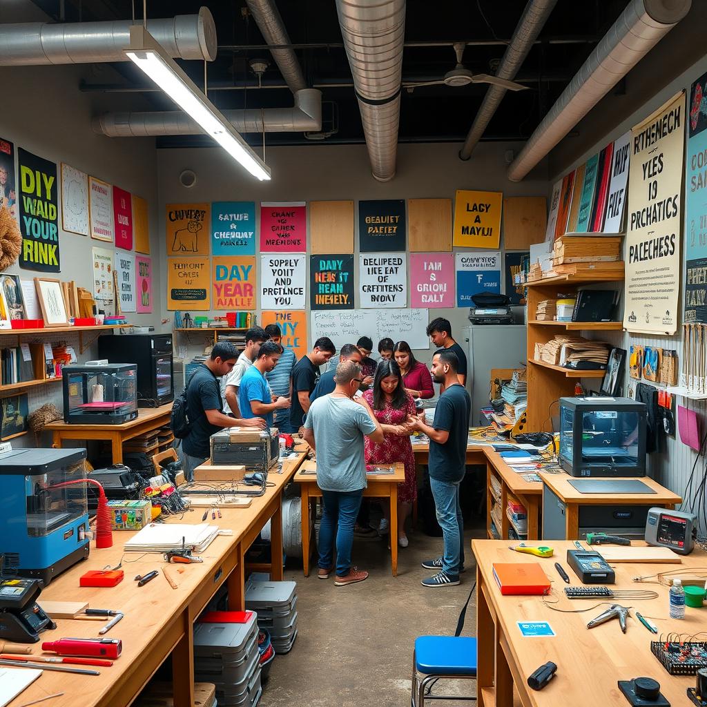 A vibrant maker space filled with an array of creative tools and gadgets