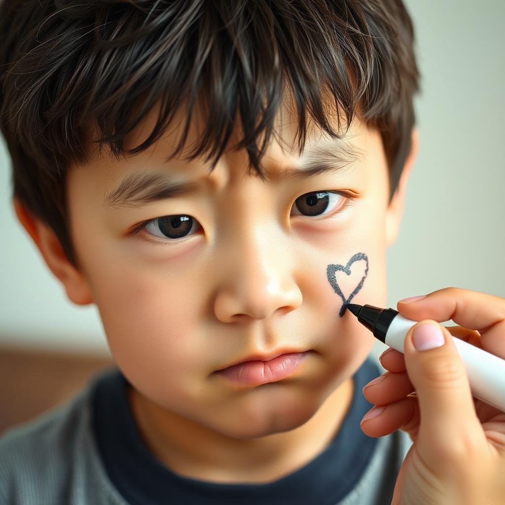 A young Korean boy with a frown on his face, showing displeasure, as he has his cheek scratched gently with a heart-shaped black marker