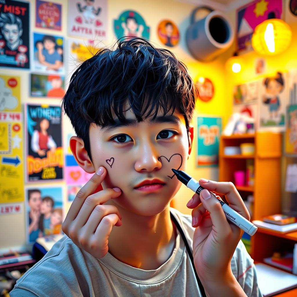 A Korean teenager with short black hair and brown eyes, frowning while having his cheek scratched gently with a heart-shaped black marker