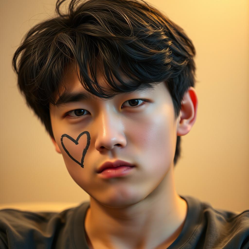 A young adult Korean man with a slightly furrowed brow, expressing a frown on his face