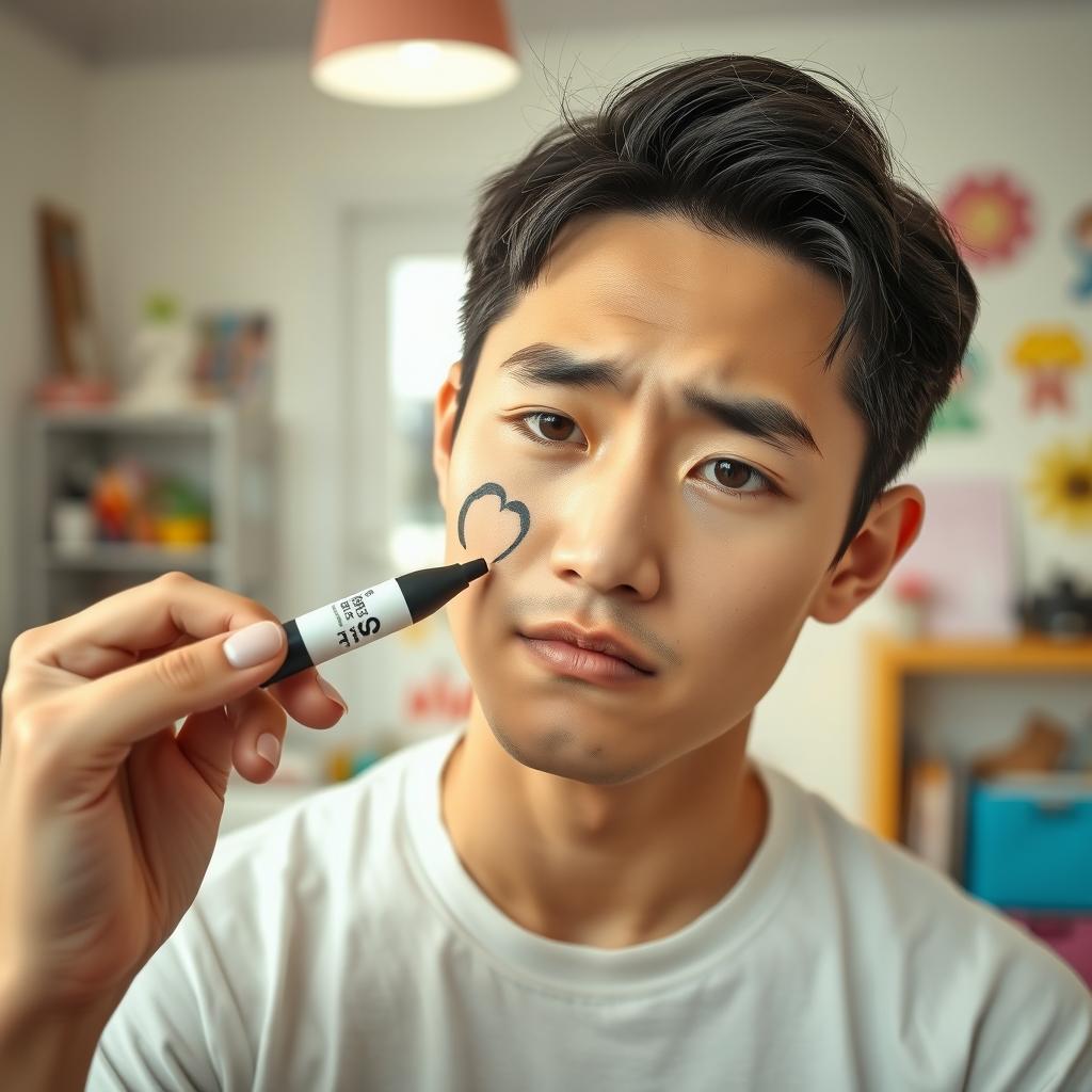 A young adult of Korean descent looking slightly annoyed, frowning as someone scratches his cheek with a heart-shaped black marker
