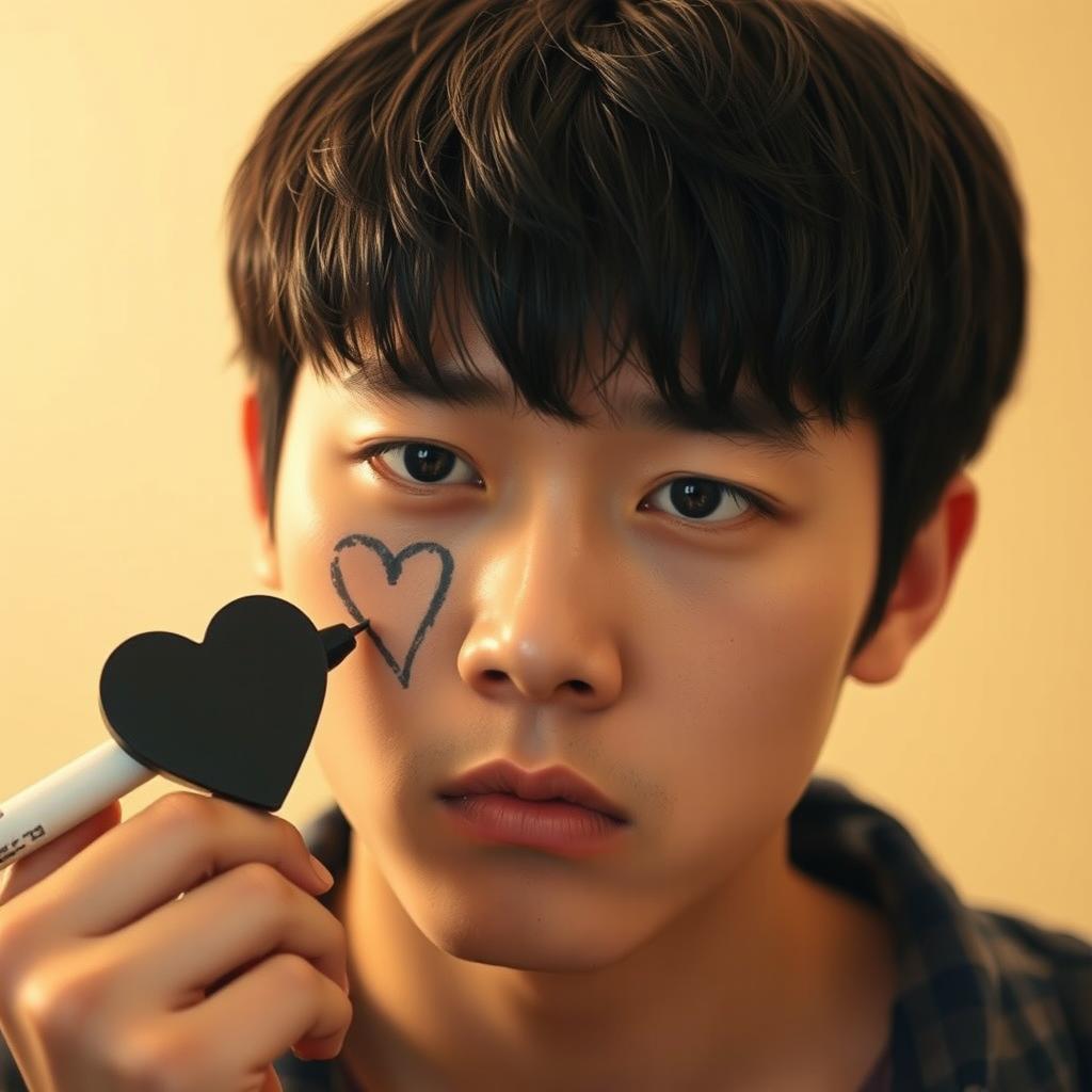 A Korean young adult with short dark hair, frowning slightly as he has his cheek scratched with a heart-shaped black marker