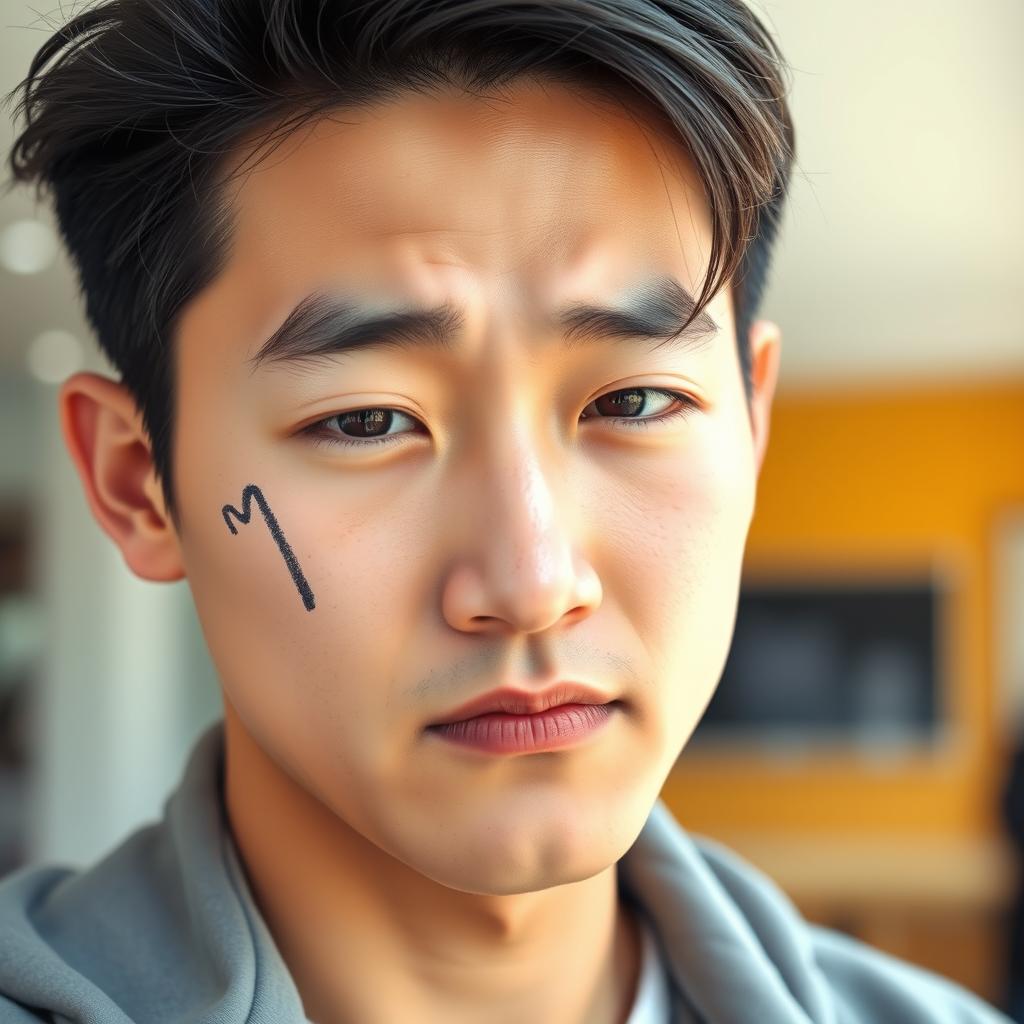 A handsome young adult man of Korean descent, looking slightly annoyed while frowning