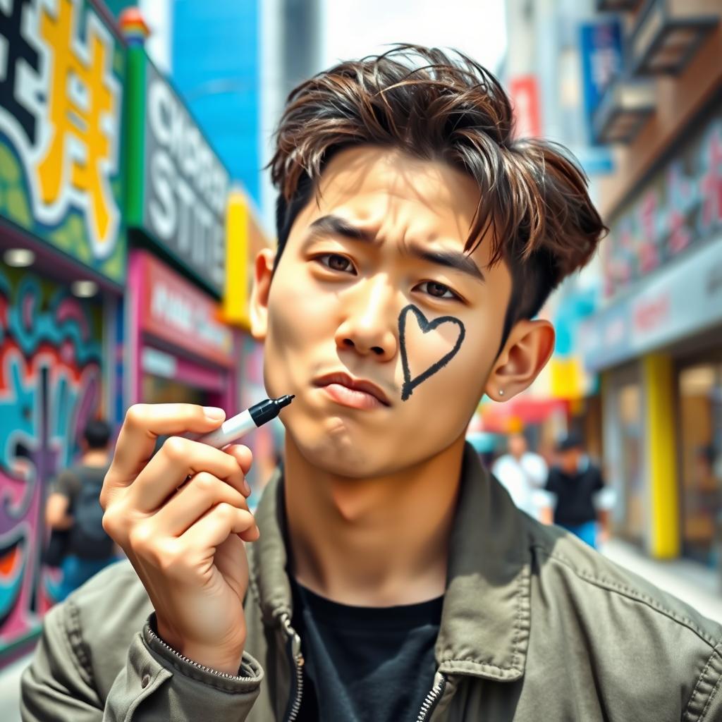 A handsome young Korean man, frowning slightly, standing in a bright and colorful urban environment