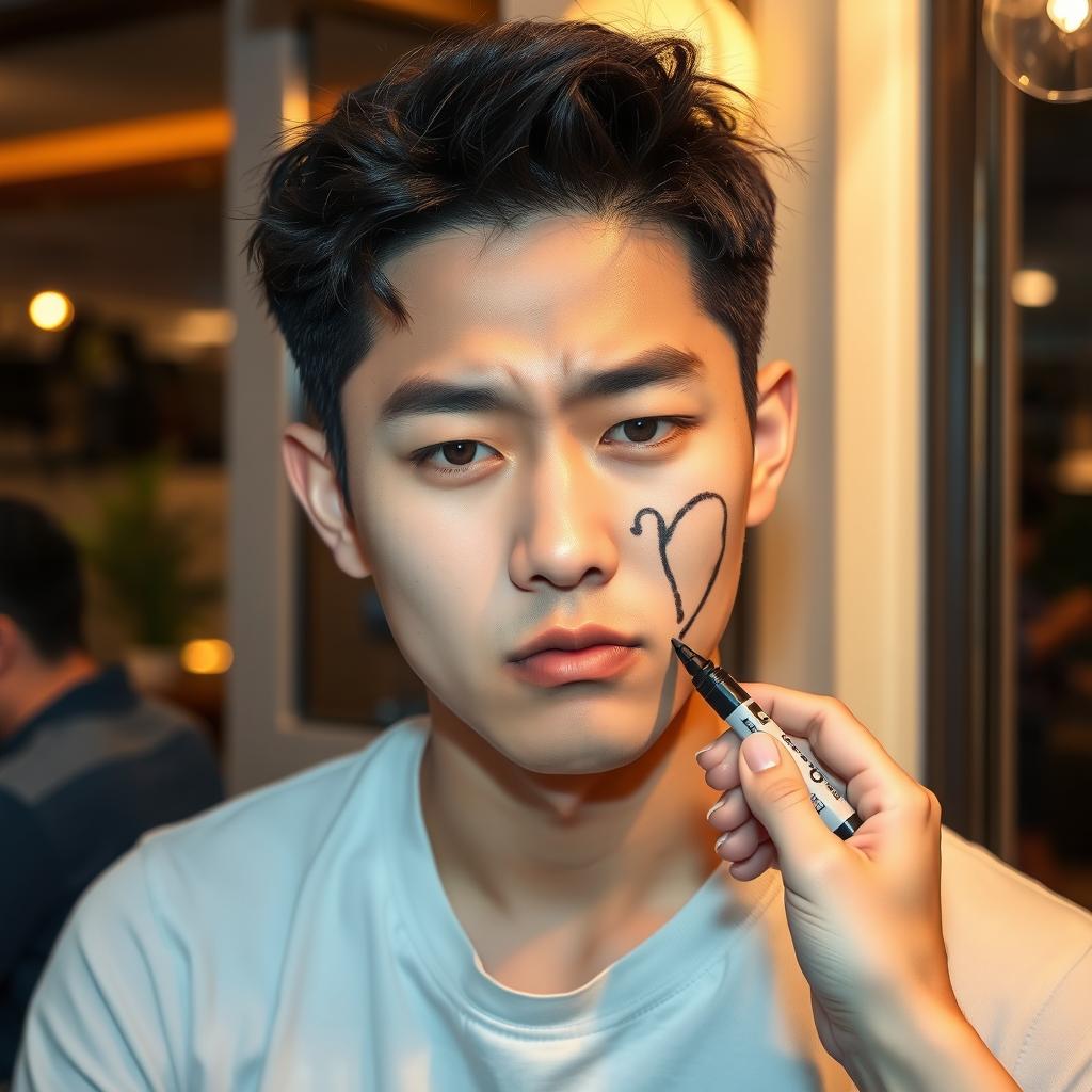 A handsome young Korean man frowning as he has his cheek scratched with a heart-shaped black marker
