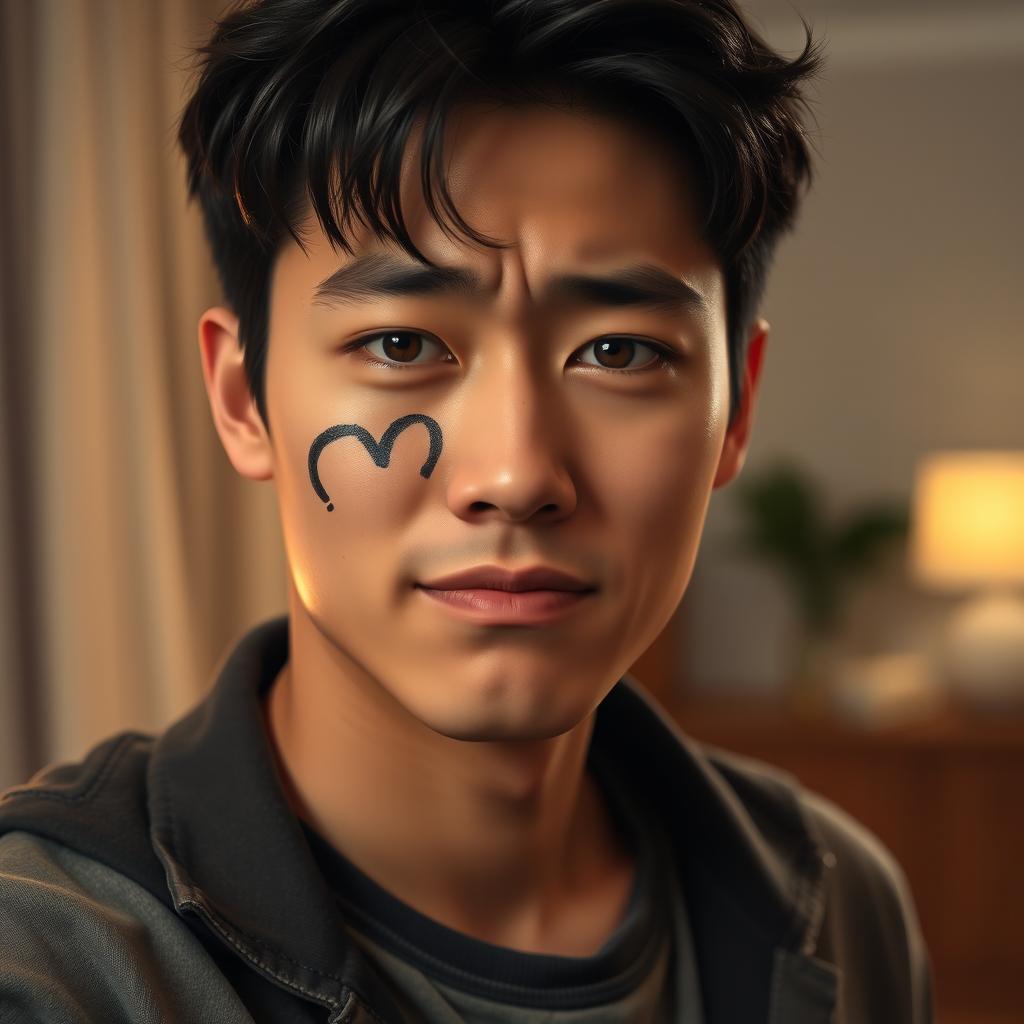 A handsome young adult Korean man with sharp features, frowning as he experiences a cheek scratching sensation