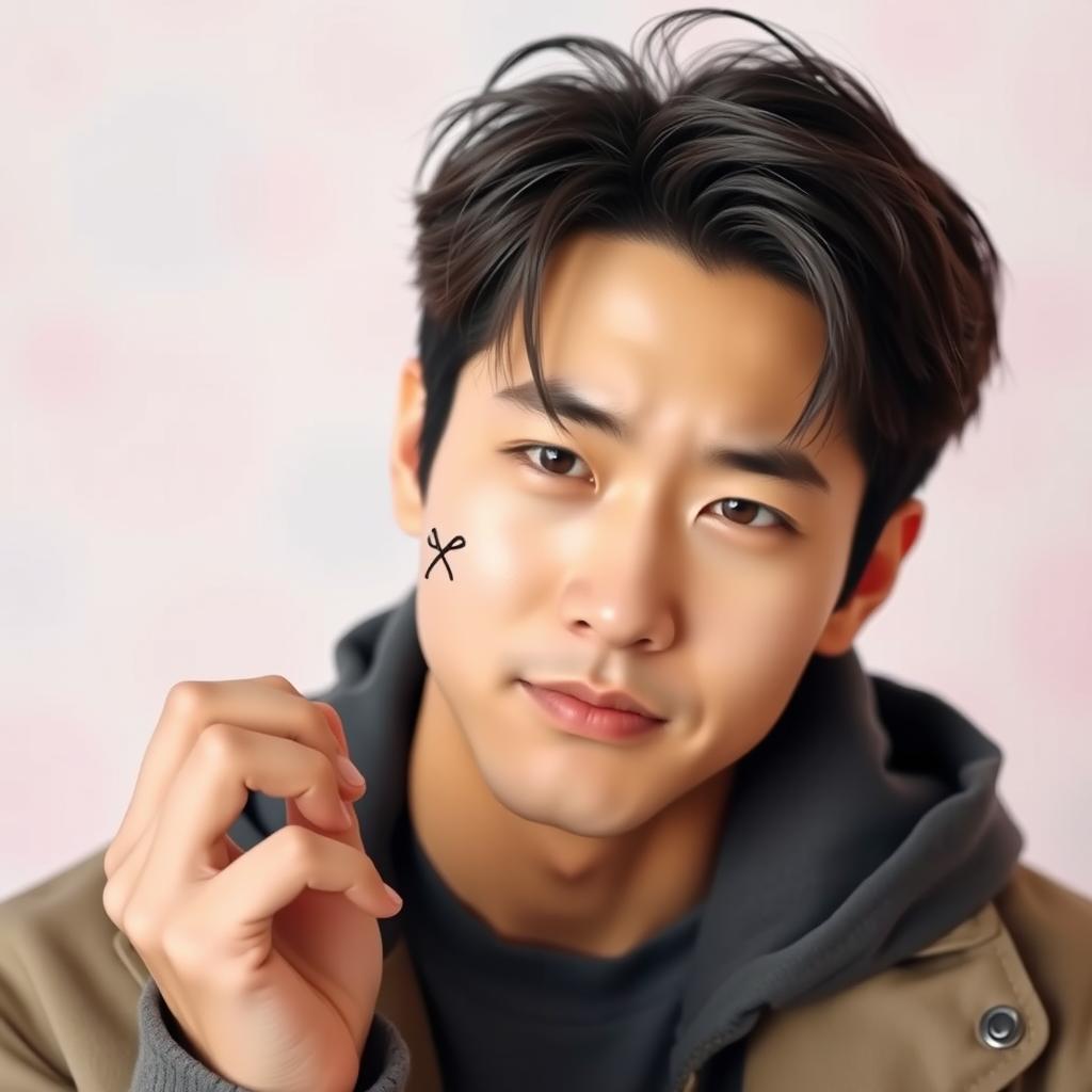 A handsome young Korean man, with smooth skin and stylish hair, frowning slightly as he feels a playful scratch on his cheek