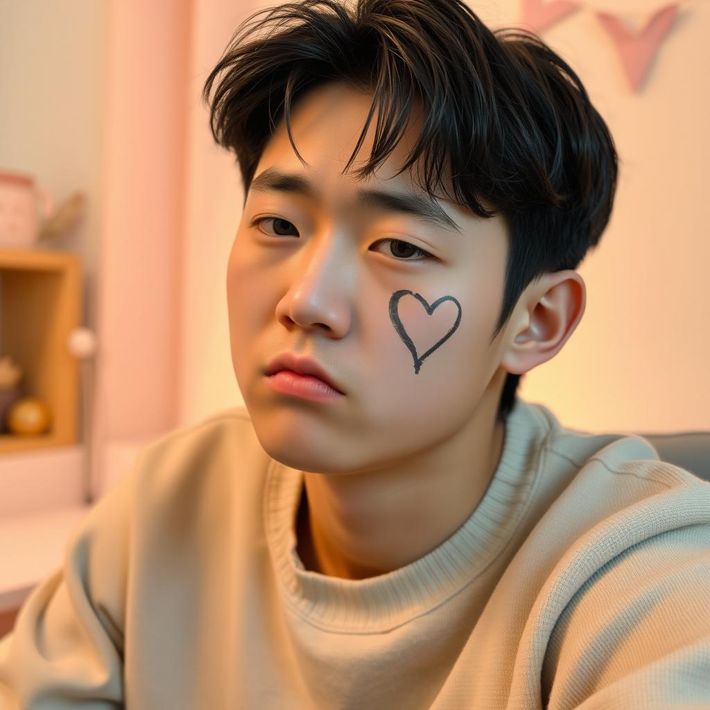 A handsome young adult Korean man frowning, sitting in a cozy, softly lit room