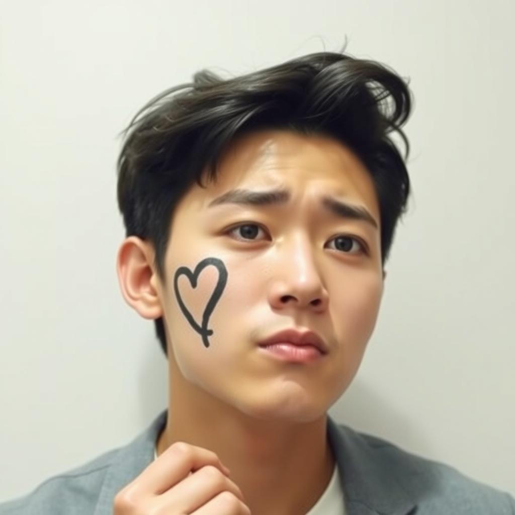 A handsome Korean young adult male looking slightly annoyed as he has a heart-shaped black marker drawn on his cheek, symbolizing affection for his girlfriend