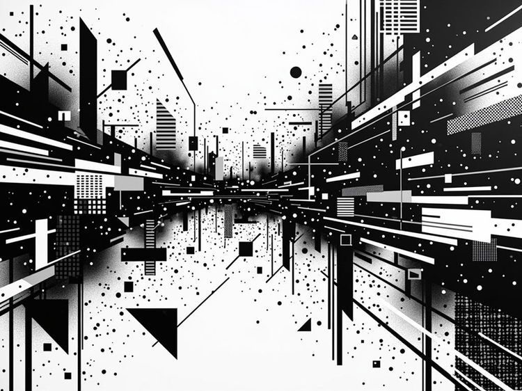 An abstract and noisy black and white pop art style piece that embodies the concept of 'signal over noise'