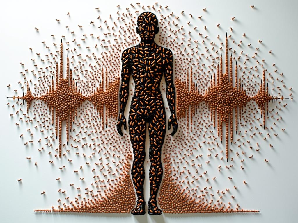 An imaginative artwork created entirely out of tiny dots resembling ants, illustrating the concept of 'signal over noise'