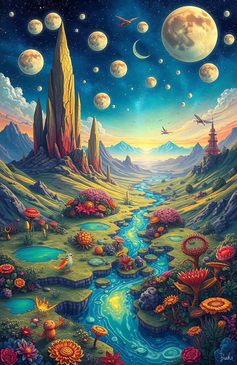 An imaginative and colorful illustration of an alien planet named 'Buku'