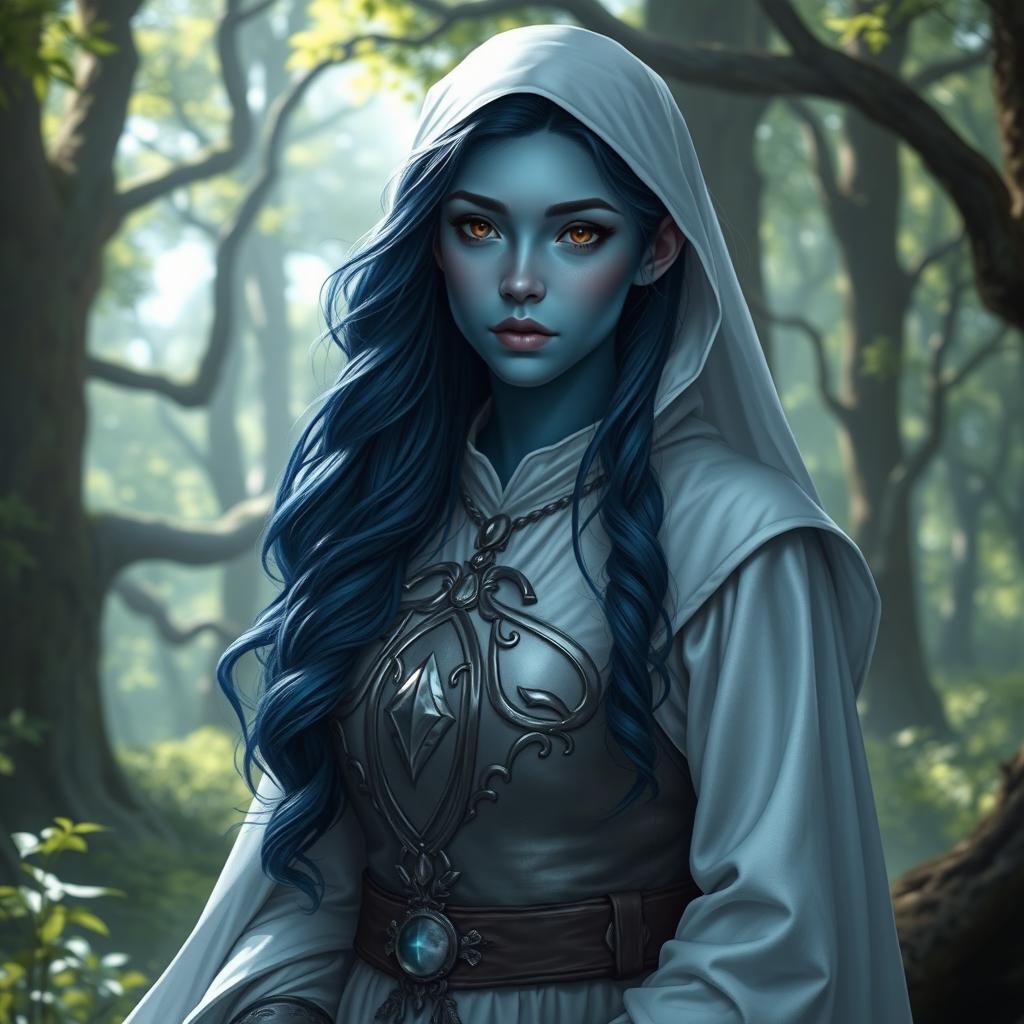 A high elf female moon cleric with stunning blue skin and long, loose dark blue wavy hair, complemented by captivating dark brown eyes