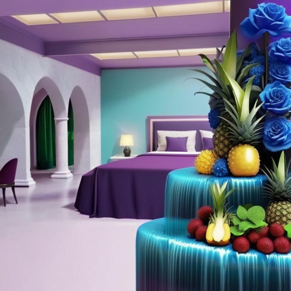 An empty room with fruit and waterfall roses
