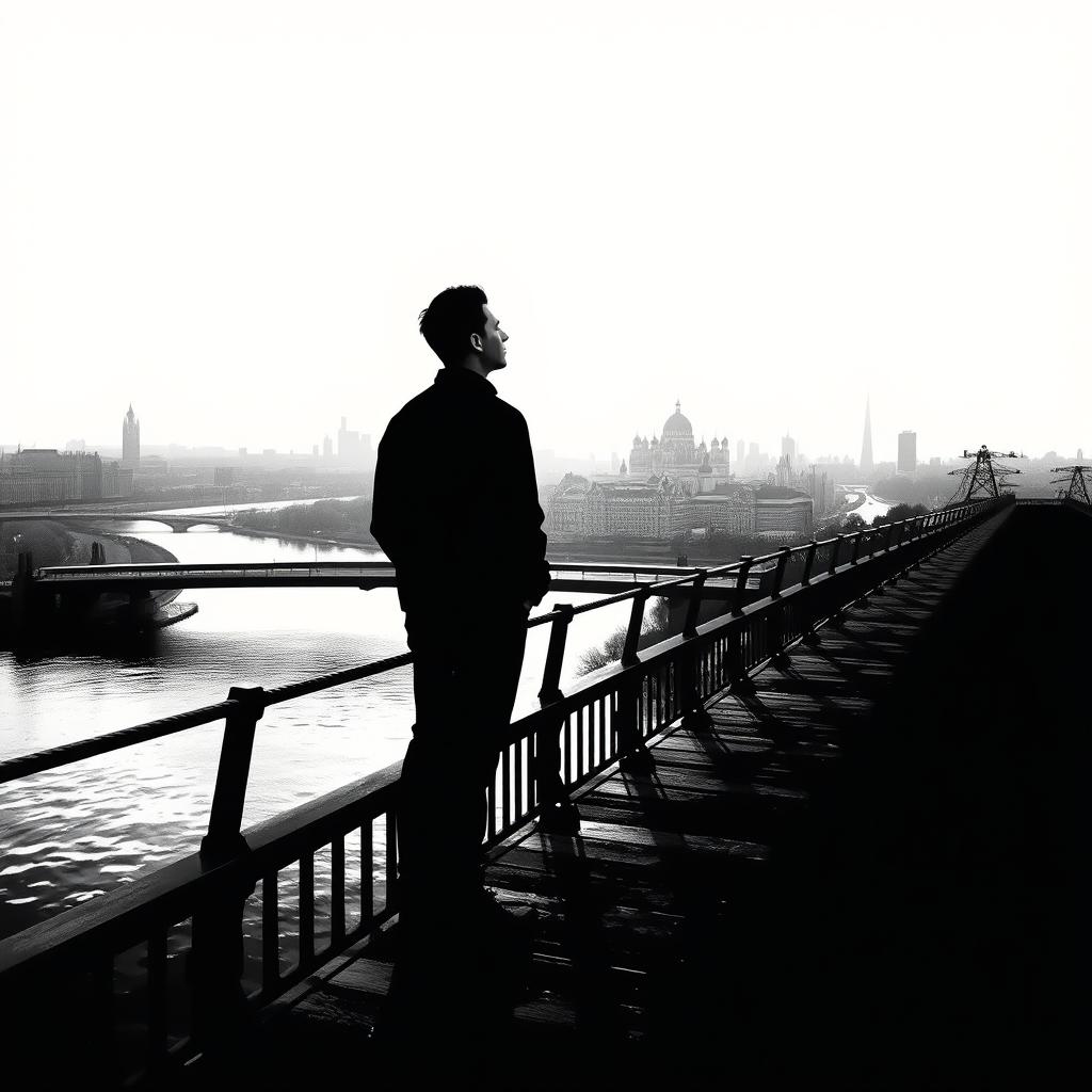 A black and white poster-style image inspired by Soviet art, depicting a young man standing on a bridge, gazing thoughtfully into the distance at a large city across a river, where the sun is setting behind the skyline