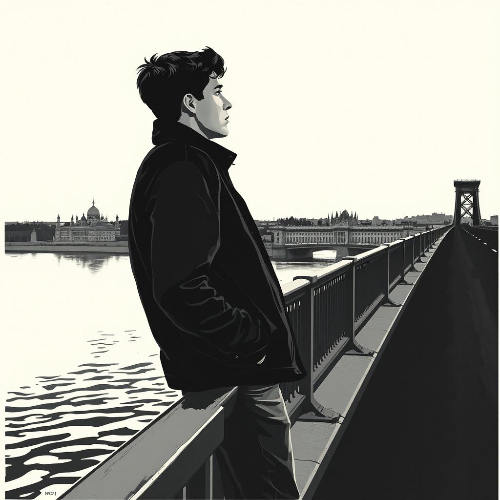 A black and white poster-style image inspired by Soviet art, showcasing a young man leaning against the railing of a bridge, looking thoughtfully into the distance at a large city across a river, illuminated by the warm hues of a setting sun