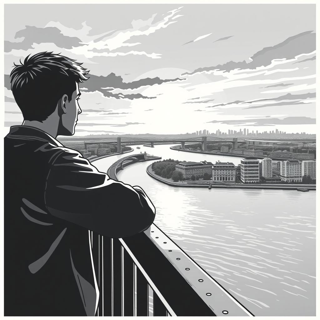 A black and white poster-style image inspired by Soviet art, featuring a young man leaning against the railing of a bridge, gazing into the distance at a vast city across a river, where the sun is setting behind the skyline
