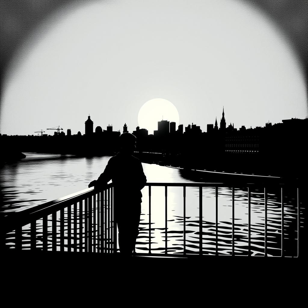 A black and white poster-style image inspired by Soviet art, featuring the silhouette of a young man leaning against the railing of a bridge, looking into the distance at a large city across a river, where the sun is setting behind the skyline