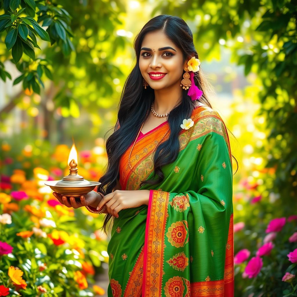 A beautiful Indian lady dressed in a vibrant traditional saree with intricate embroidery, standing gracefully in a lush garden filled with colorful flowers