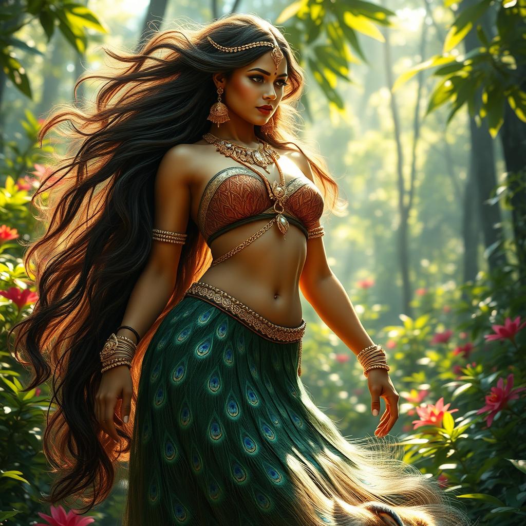 A mystical creature that is half Indian woman and half animal, featuring a beautiful Indian woman with long, flowing hair adorned with traditional jewelry