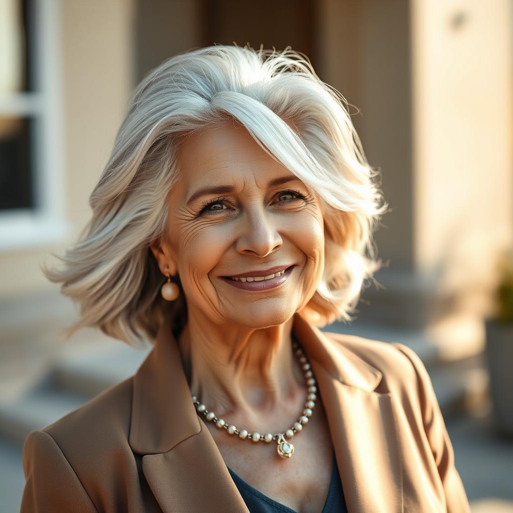A stunning portrait of a mature woman at the age of 65, exuding confidence and grace