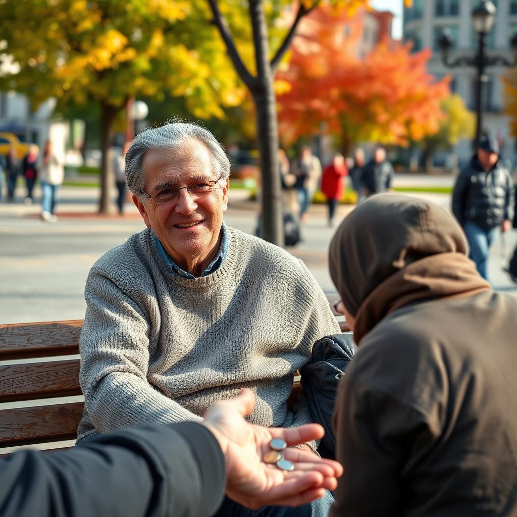 A 65-year-old man named Jean, with a kind smile and graying hair, sitting on a park bench in a vibrant city