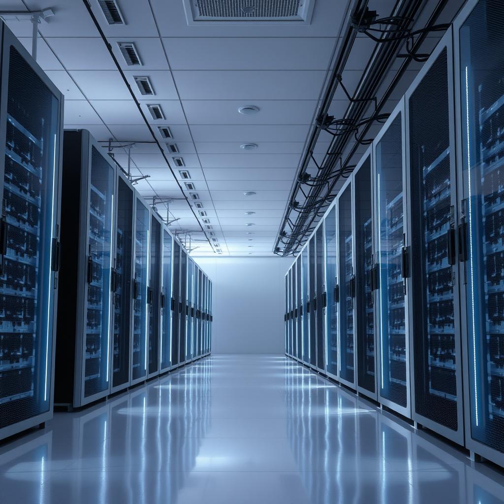 A serene and tranquil data center scene, featuring rows of sleek, illuminated server racks