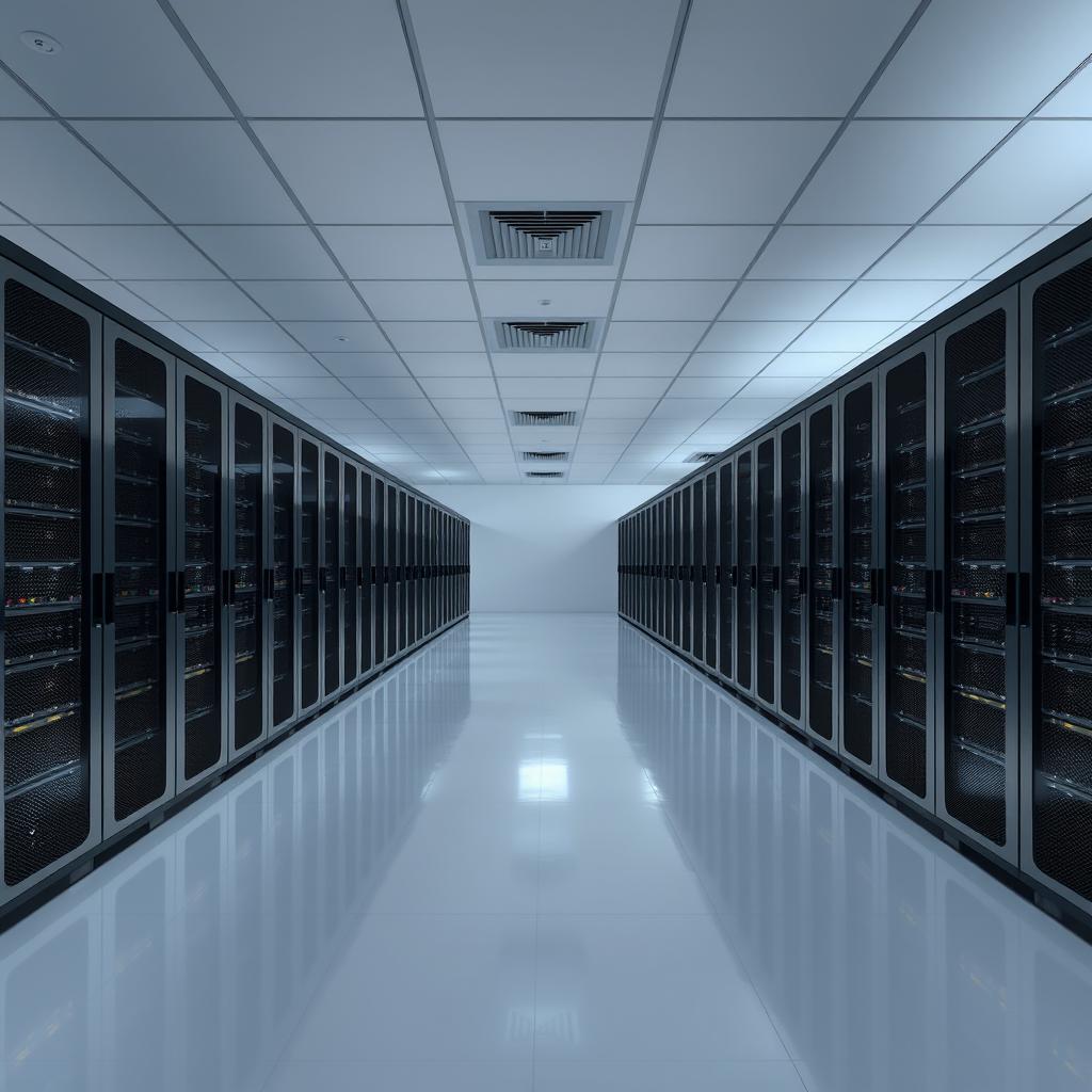 A calm and quiet data center, showcasing a stunning array of modern servers neatly arranged in rows