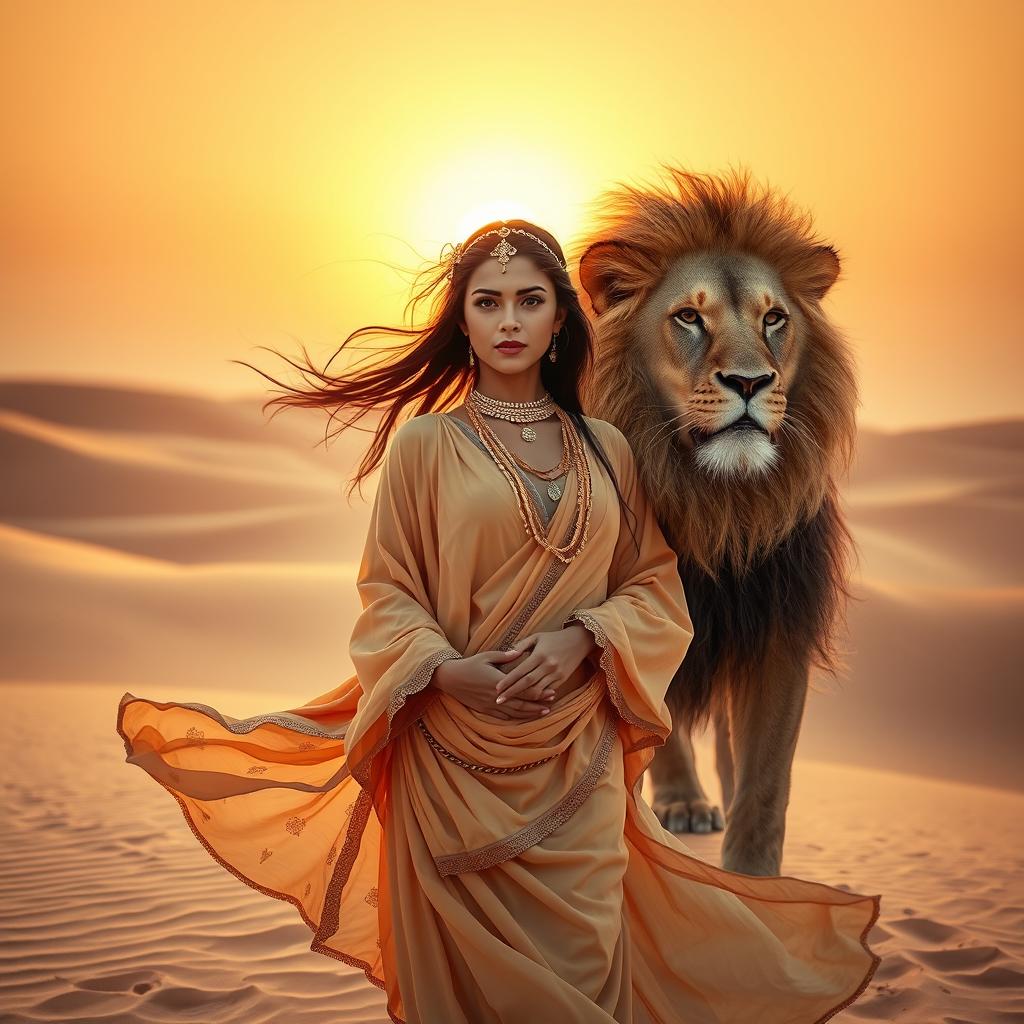 A stunning scene in the Arabian desert featuring a beautiful young Arab woman dressed in flowing traditional attire, elegantly adorned with intricate jewelry