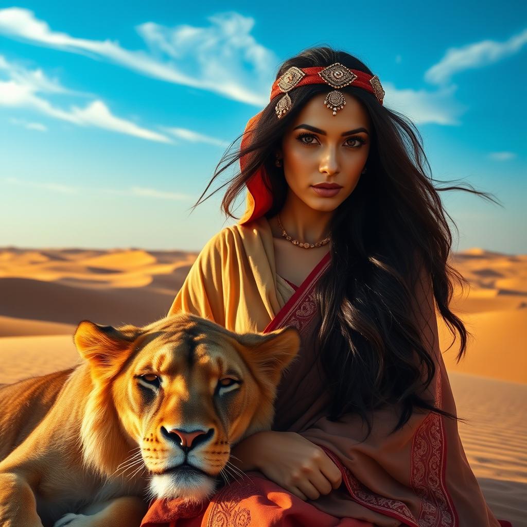 A vibrant scene showcasing a young woman of Arabian descent, adorned in traditional attire that reflects the rich culture of the Arabian Peninsula