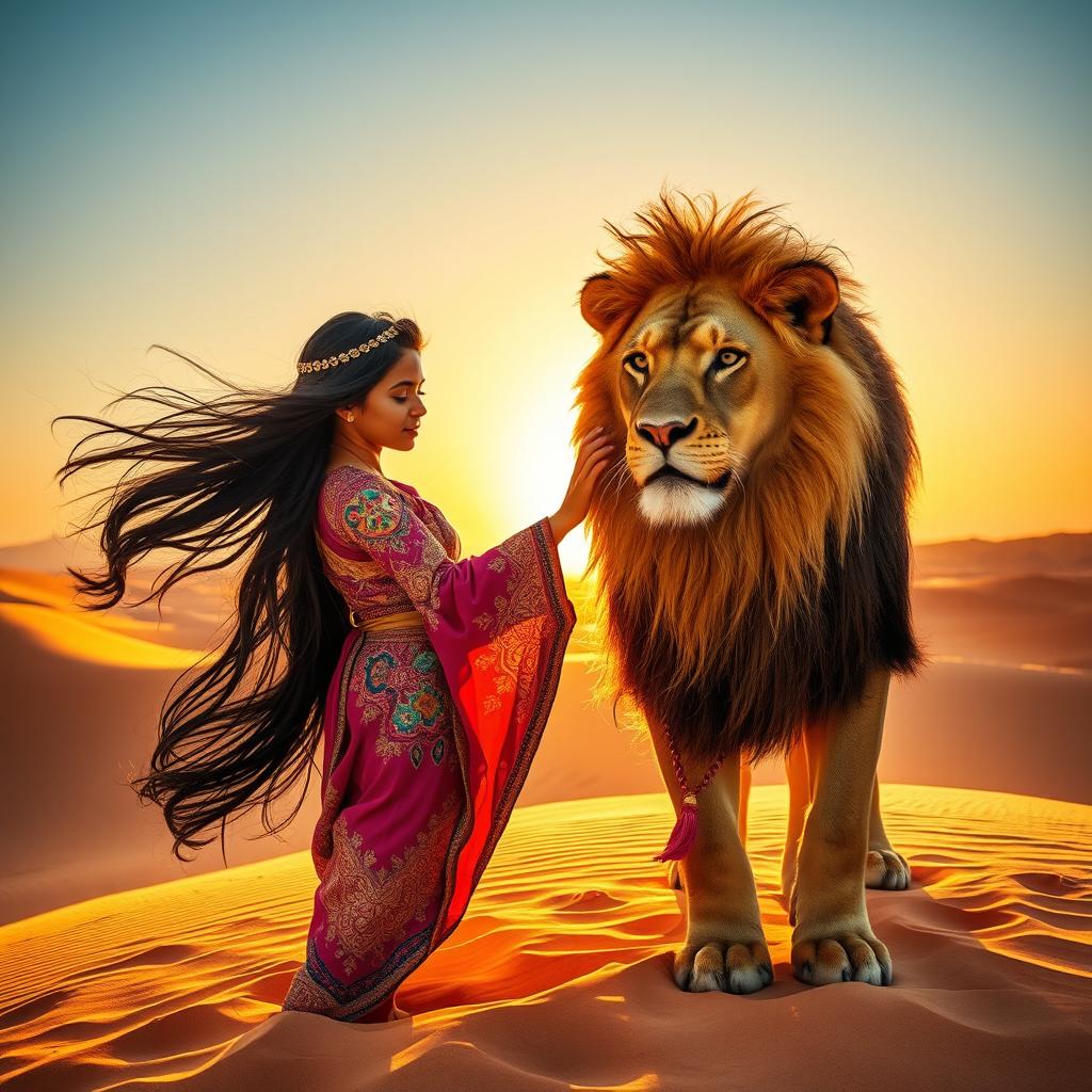 A beautiful young girl of Arabian descent, with flowing dark hair and striking features, gracefully interacting with a majestic lion in the vast Arabian desert
