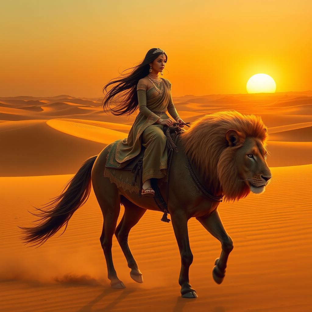 A beautiful Arabian girl riding a majestic Arabian horse through a vast desert landscape, with golden sand dunes stretching into the horizon