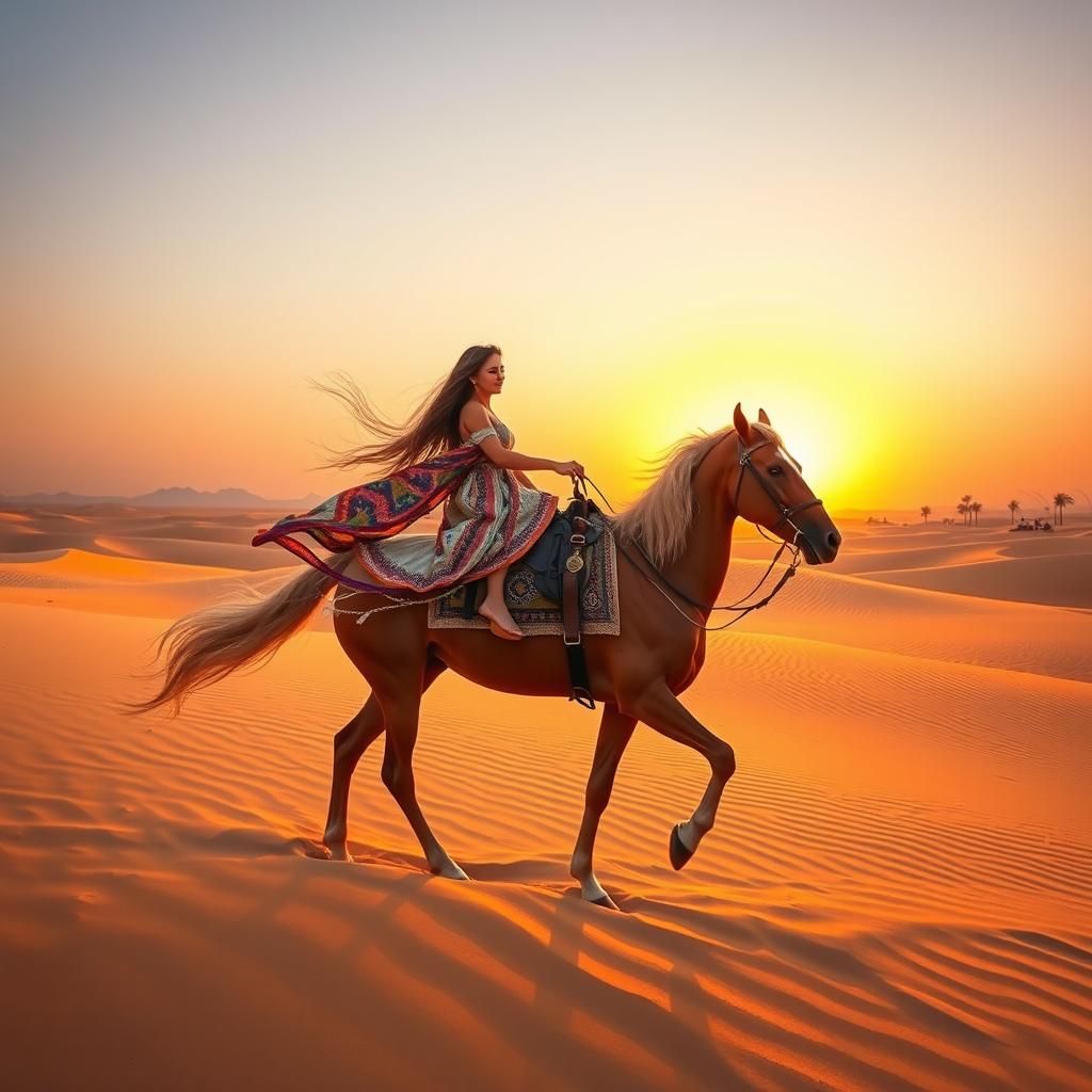A beautiful girl riding a graceful Arabian horse in the vast expanse of a golden desert
